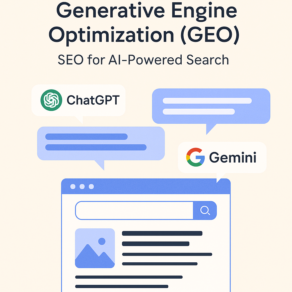 Generative Engine Optimization (GEO) concept showing AI-powered search tools like ChatGPT and Google Gemini delivering answers from optimized website content.
