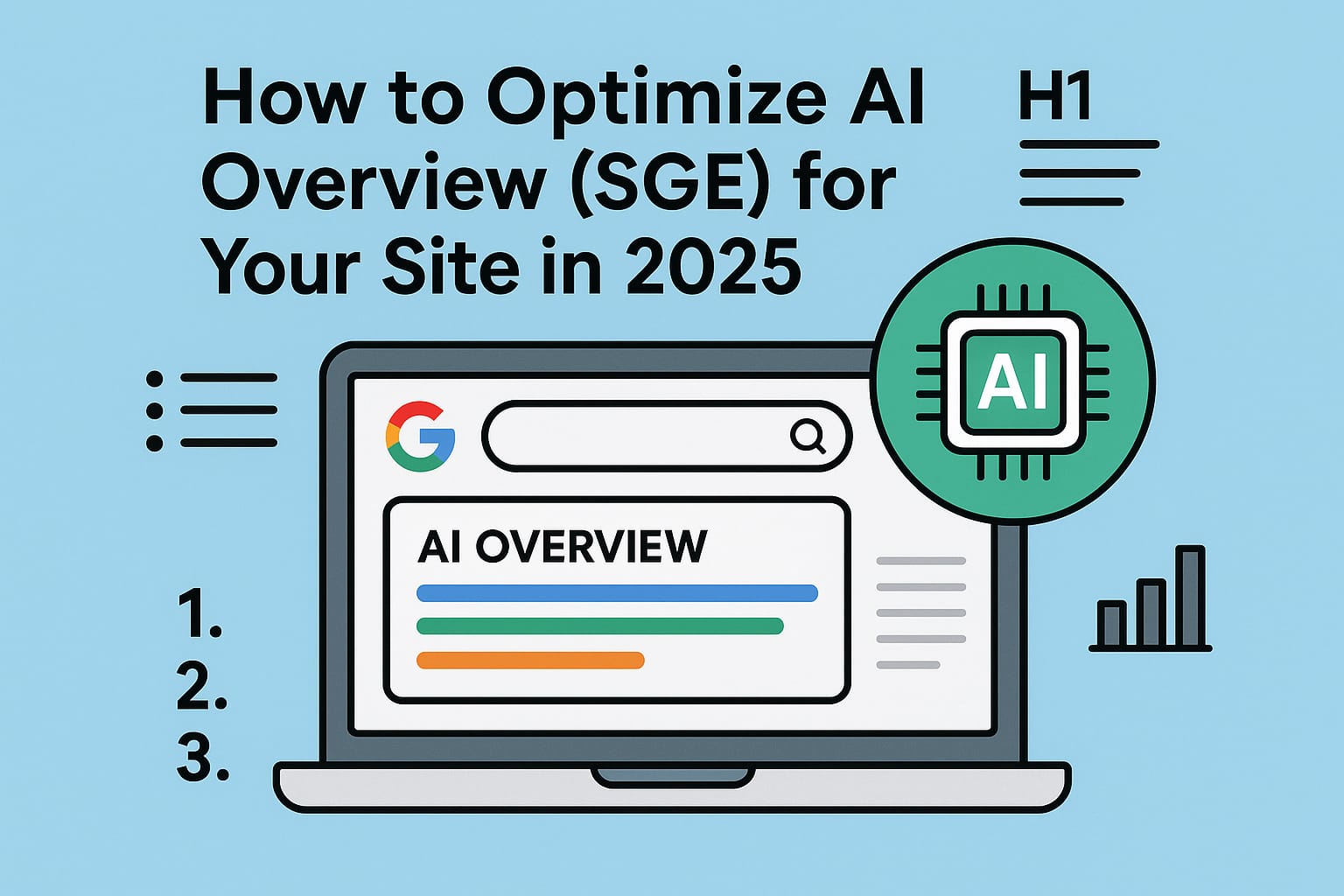 Illustration of a laptop screen displaying a Google search result labeled "AI Overview", surrounded by icons representing headings, bullet points, lists, and an AI chip, with the blog title "How to Optimize AI Overview (SGE) for Your Site in 2025" above.